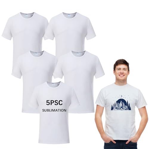 JenPen 5 Pcs Unisex Sublimation Shirts Bulk Blank Polyester T Shirt White Crew Neck Short Sleeve for Women Men Adult Kid