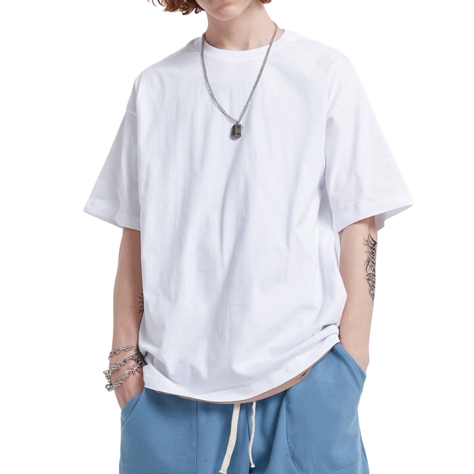 KEEPSHOWING Men's Cotton T-Shirts Oversized Unisex Short Sleeve Crew Neck Loose Basic Tops Solid Athletic Tee