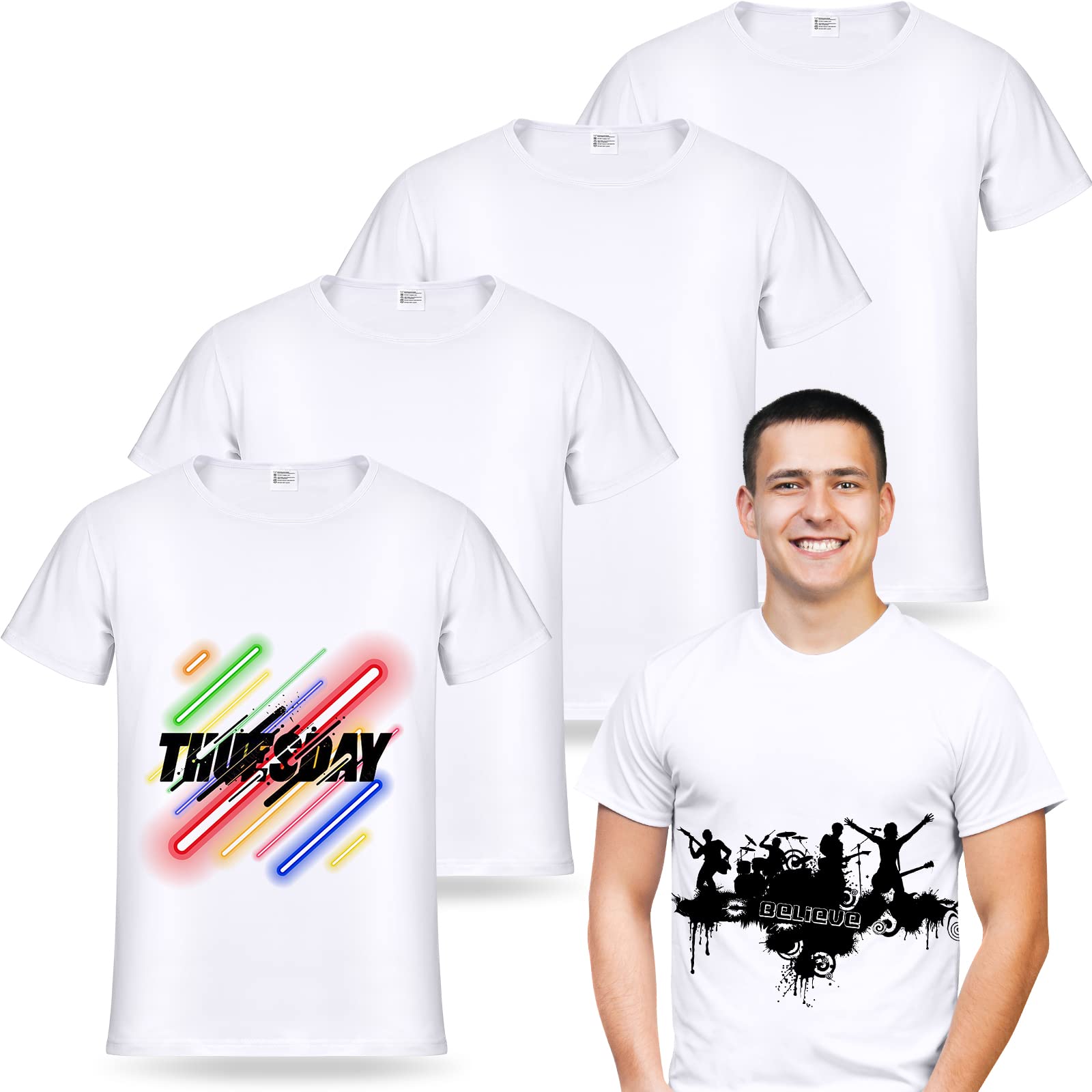 ORJ 5 PCS Unisex Sublimation Blank T Shirt White Polyester Shirts Crew Neck Short Sleeve for Sublimation T Shirt