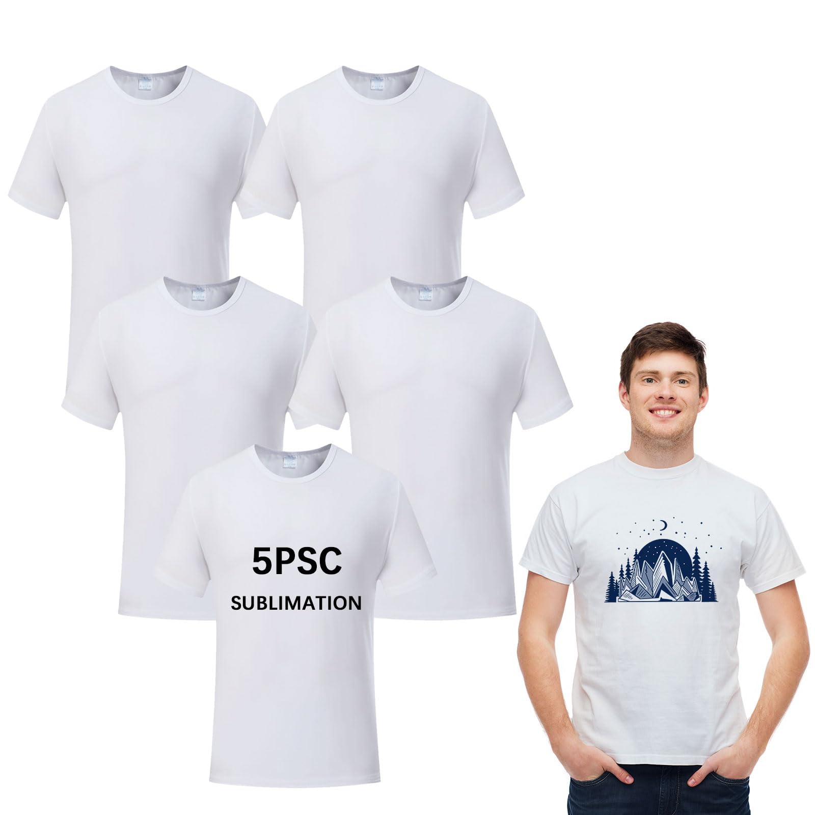 ORJ 5 PCS Unisex Sublimation Blank T Shirt White Polyester Shirts Crew Neck Short Sleeve for Sublimation T Shirt