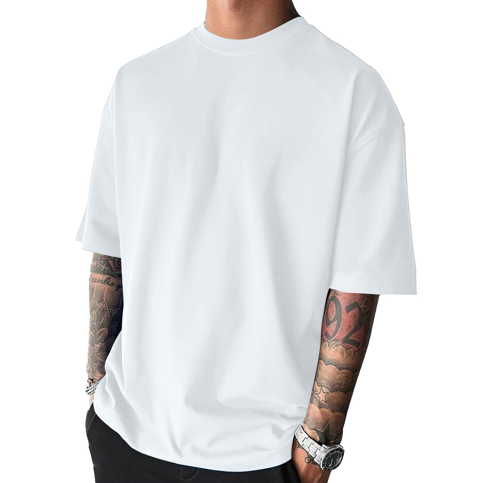 KEEPSHOWING Men's Cotton T-Shirts Oversized Unisex Short Sleeve Crew Neck Loose Basic Tops Solid Athletic Tee